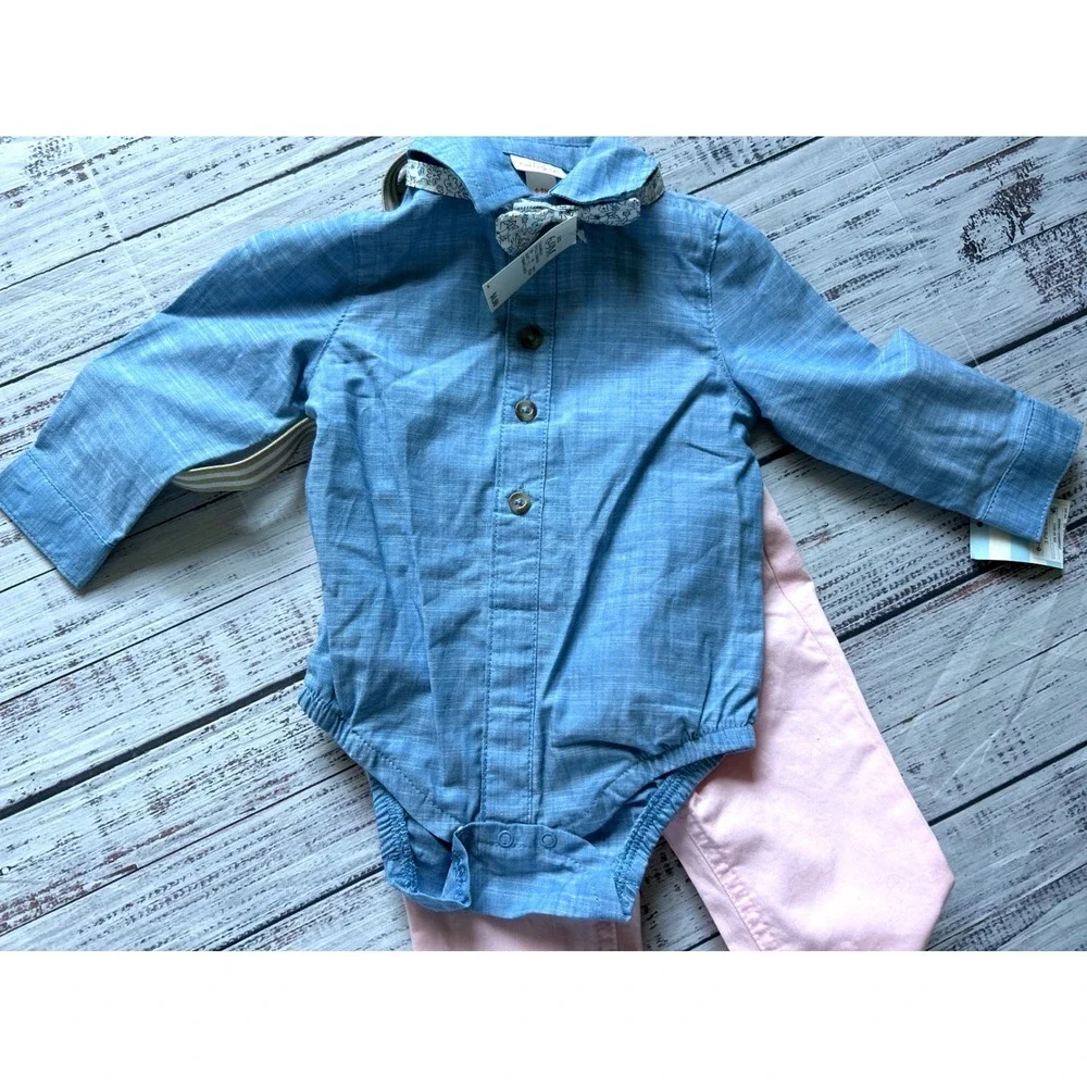 Cat & Jack Outfit Set Kids Blue‎ Pink Bodysuit Suspenders Bow Tie 6-9M